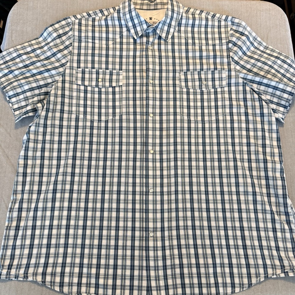 Liberty Blues 2XL Big Plaid Western Pearl Snap Shirt Blue White Short Sleeve
